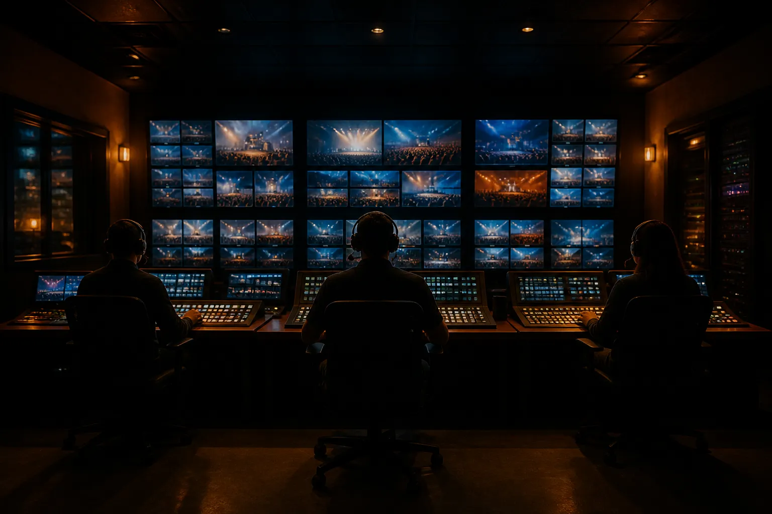 Professional broadcast control room with multiple camera feeds