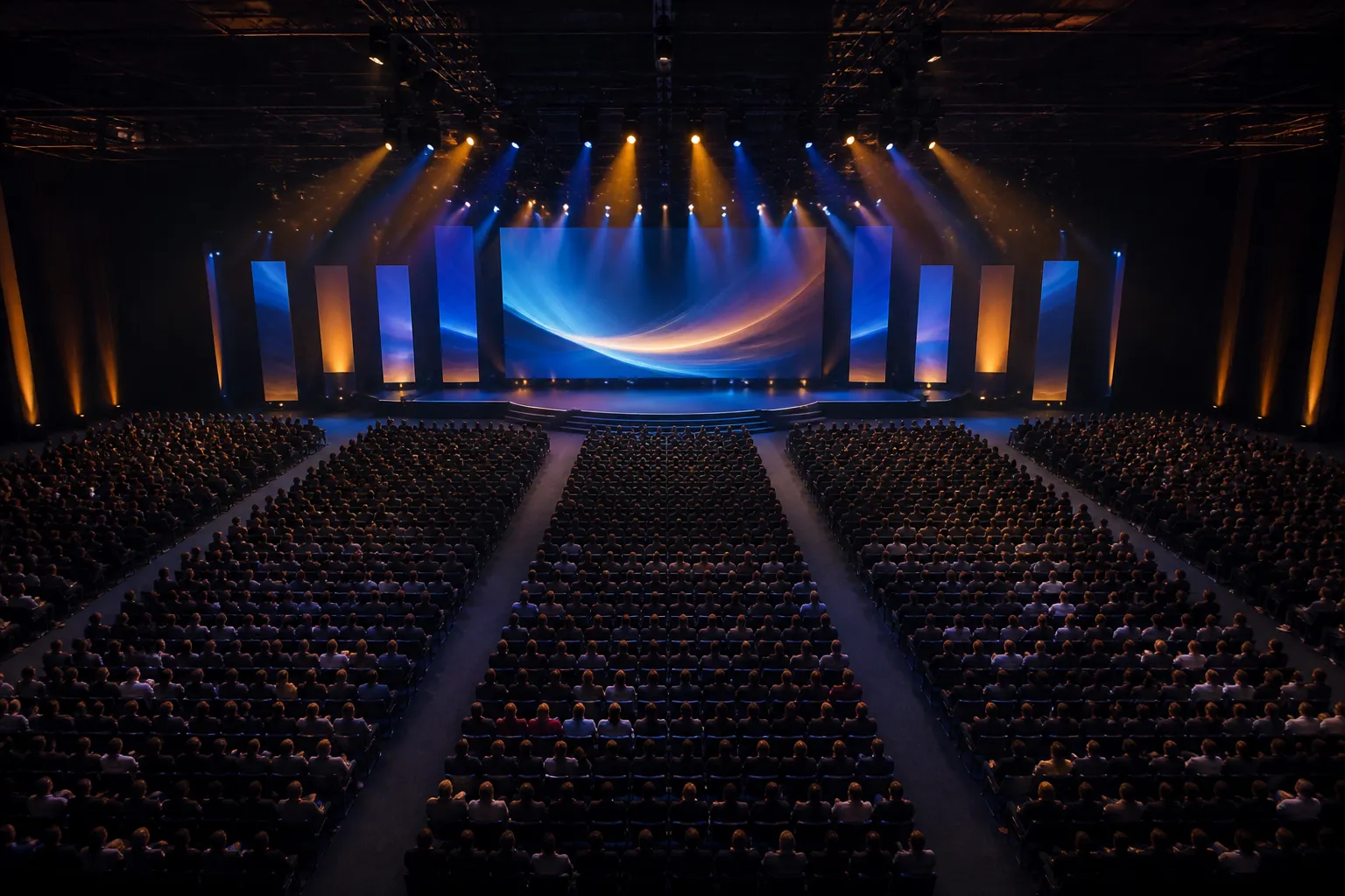 Large-scale corporate conference with LED stage and full audience
