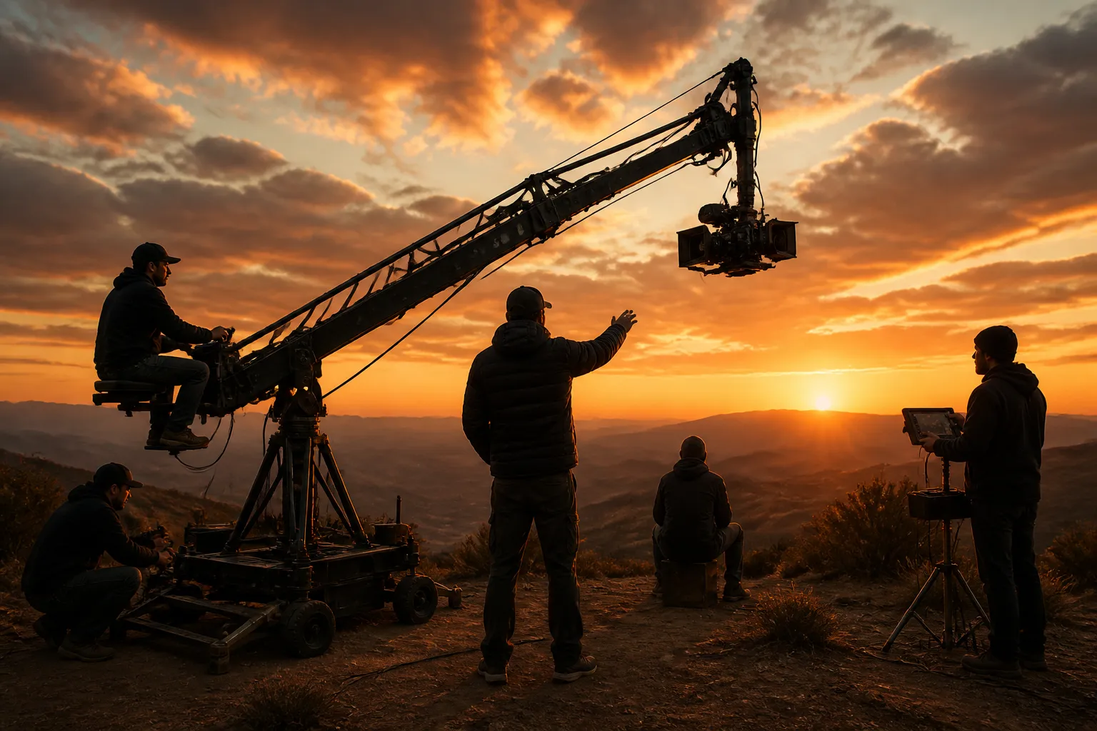 Professional film crew shooting on location at sunset